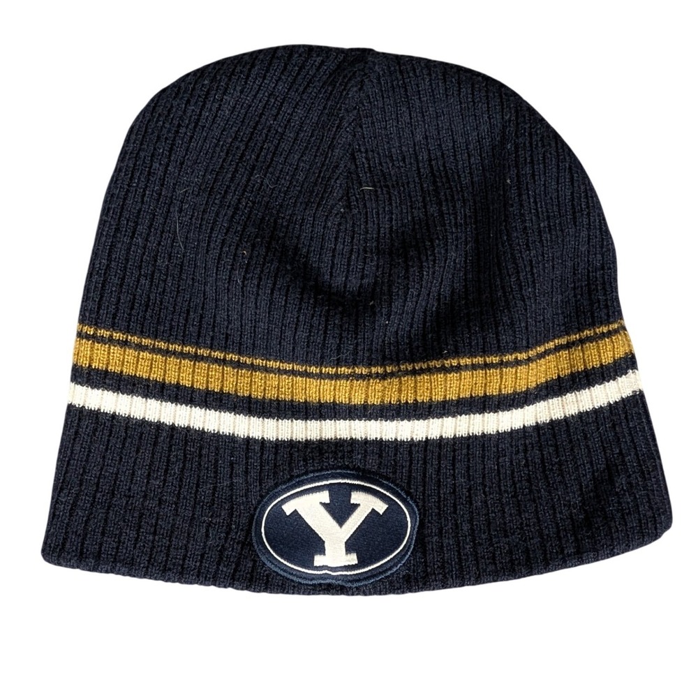 BYU Cougars NCAA Navy‎ Blue Striped Knit Beanie Hat Oval Y Logo Patch